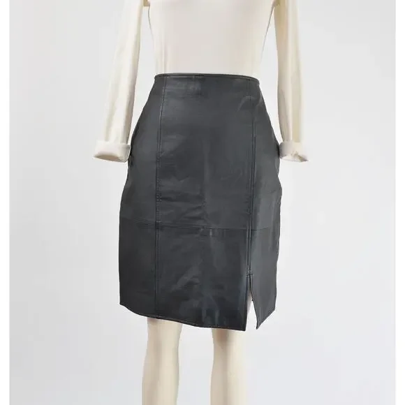 Vintage 90s Black Leather Skirt with Slit High Waisted Wiggle Pencil Skirt S